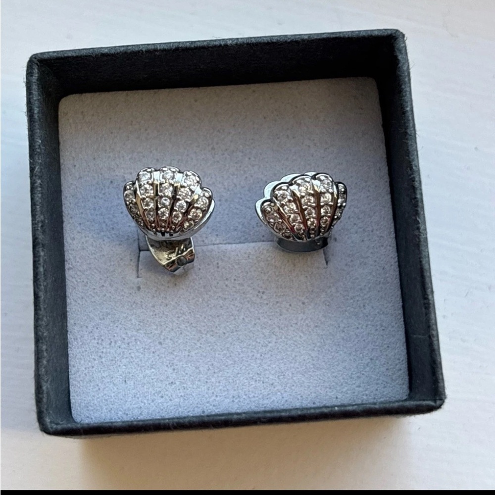 Pavé Open Seashell Stud Earrings, White Gold Plated, Coastal Chic, Minimalist